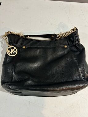 Michael Kors Black Leather Shoulder Bag with Gold Chain